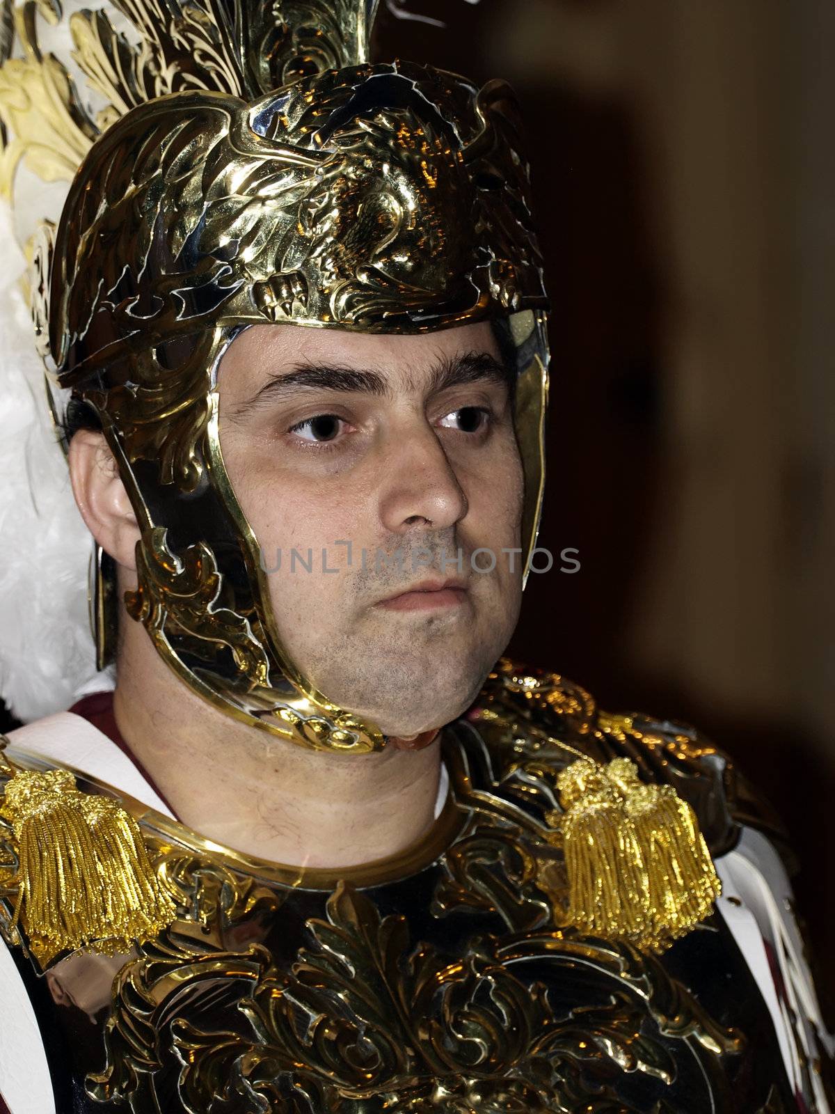 Man dressed up as a Roman General during reenactment of Biblical times  