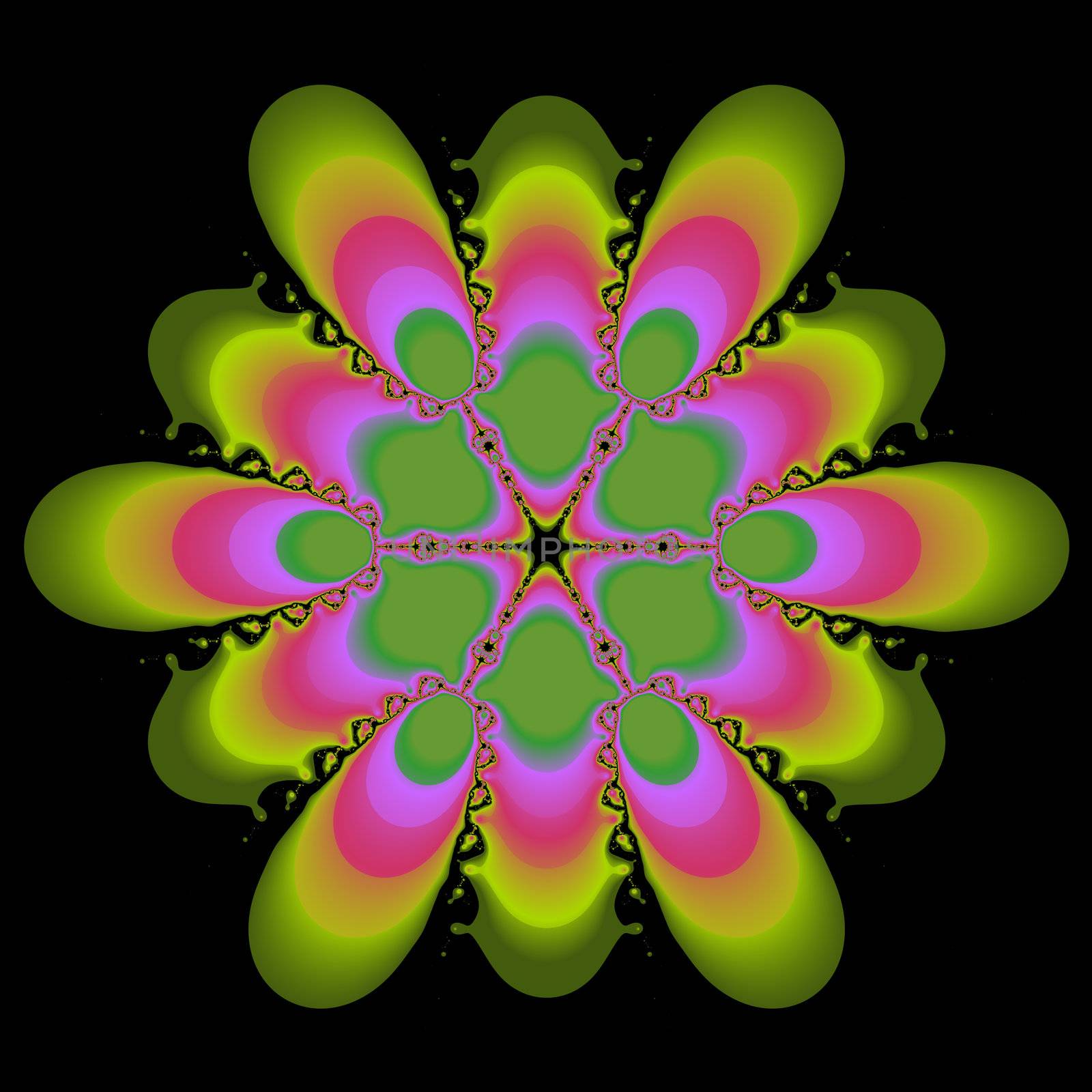 An abstract image in bright shades of pink, orange, and green on a black background.