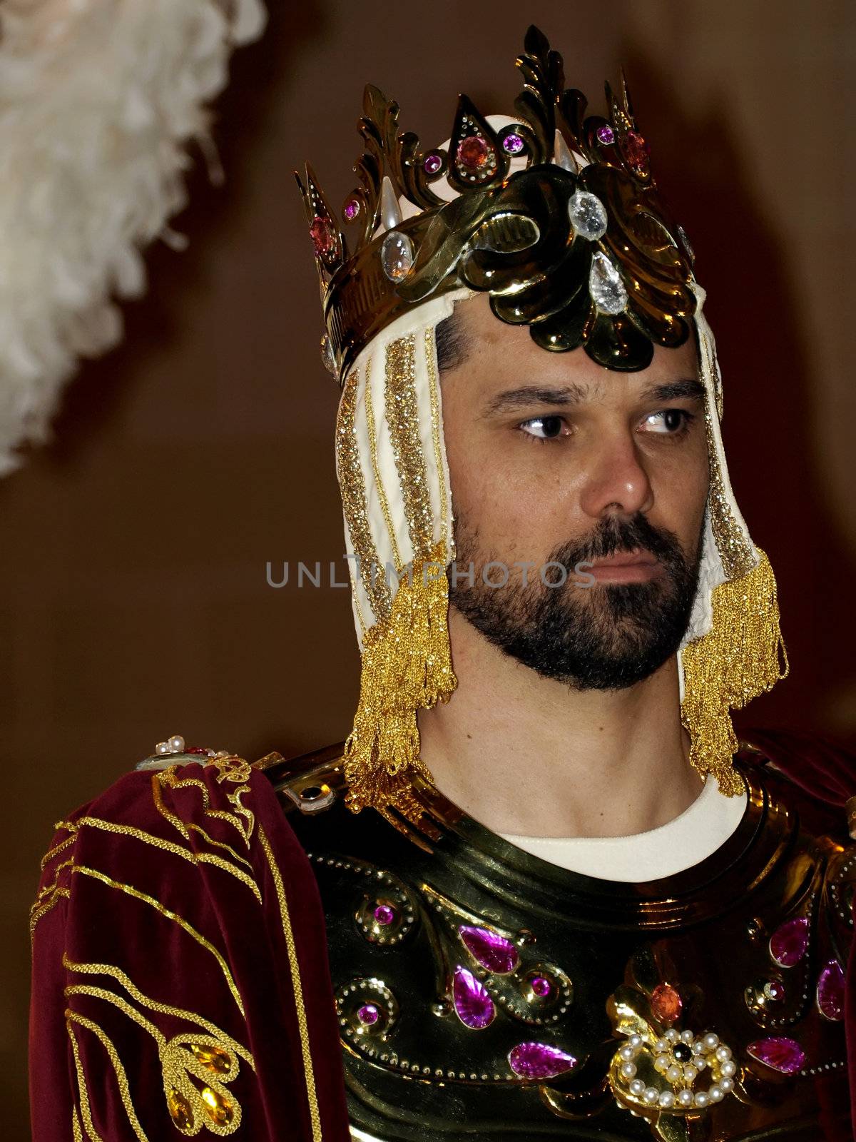 Man dressed up as a Persian ruler during Biblical times  