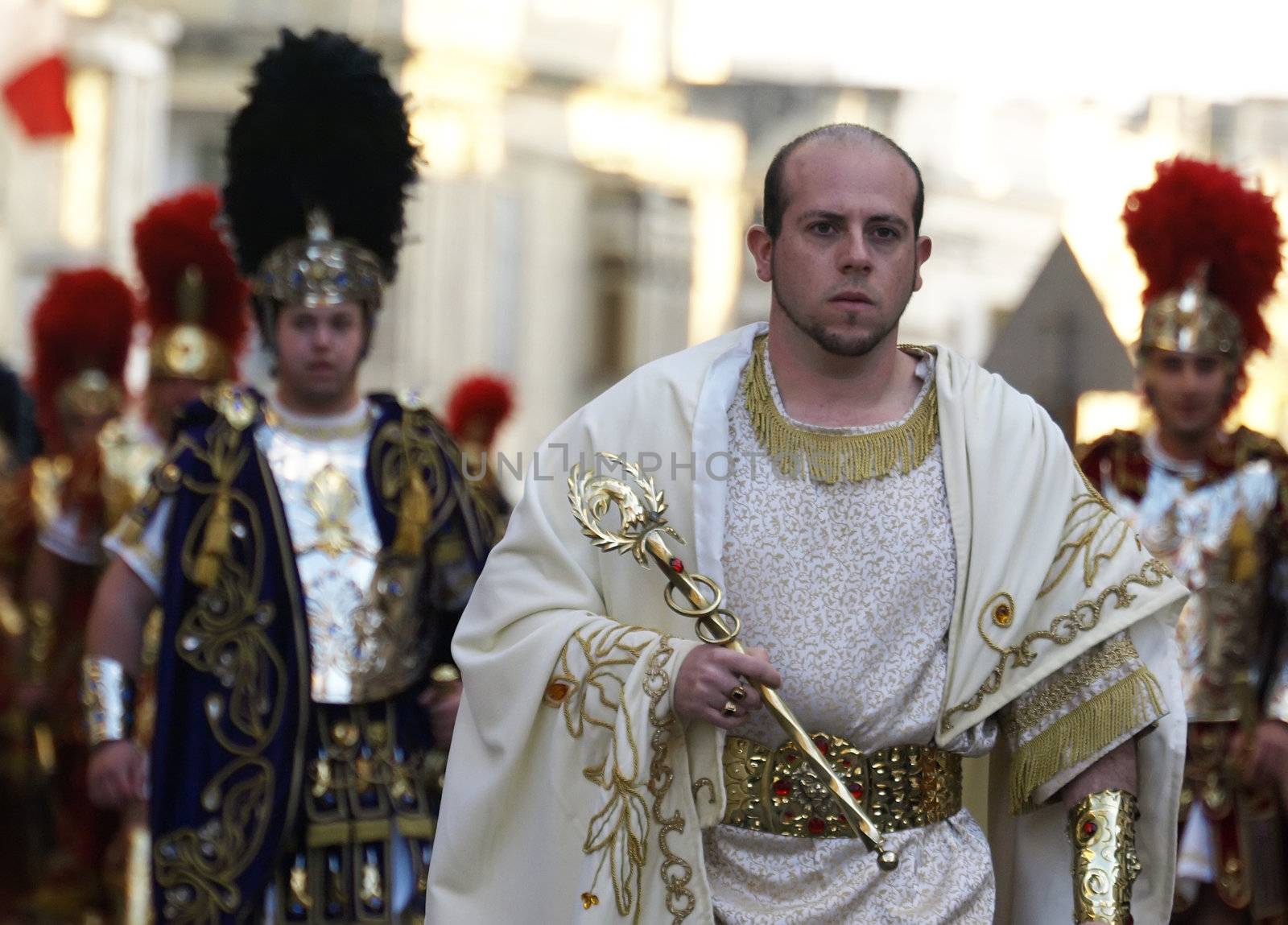 Man dressed up as Pontius Pilate during reenactment of Biblical times  