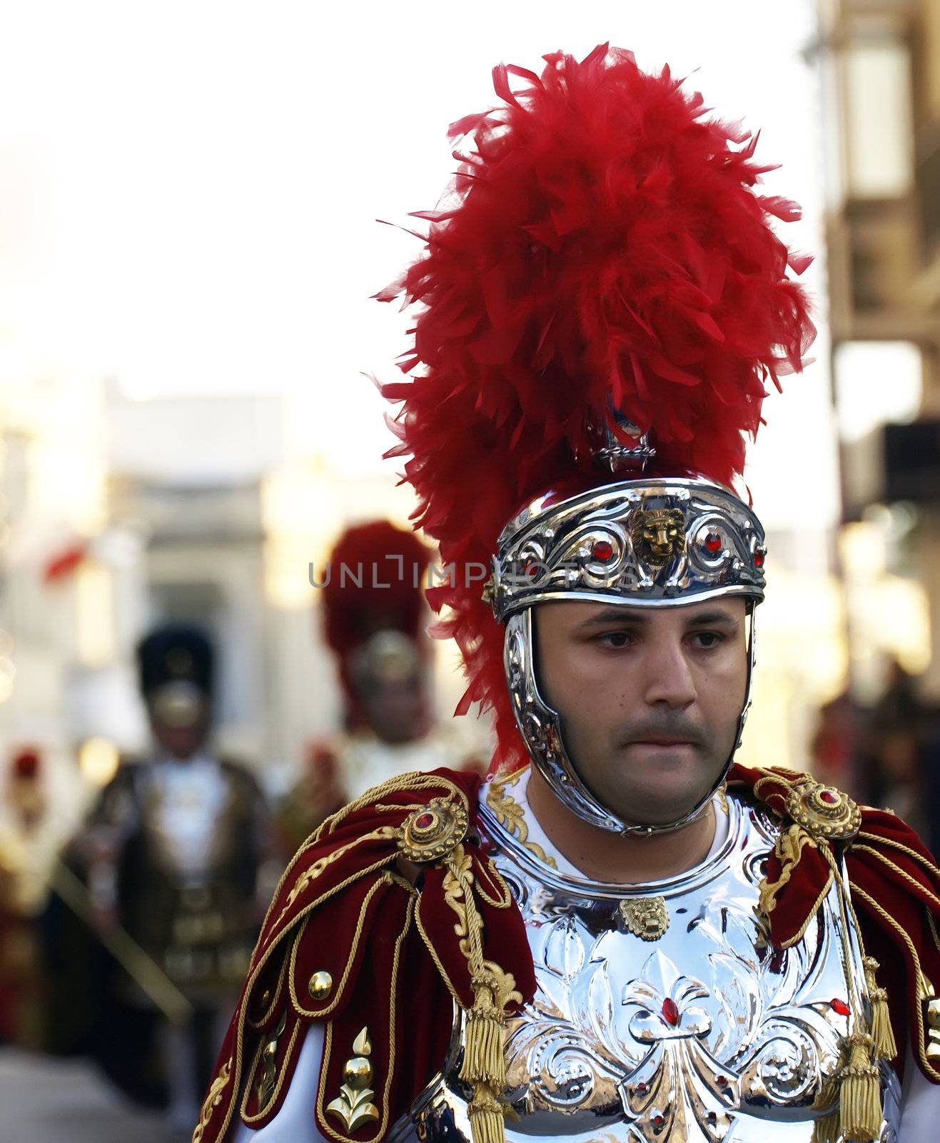 Man dressed up as a Roman Centurion during reenactment of Biblical times  