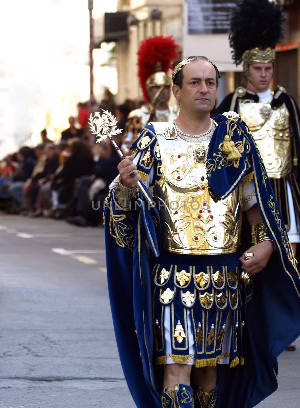 Man dressed up as a Roman Emperor during reenactment of Biblical times  