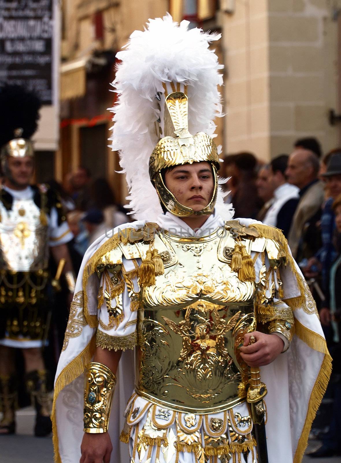 Man dressed up as a Roman General during reenactment of Biblical times  