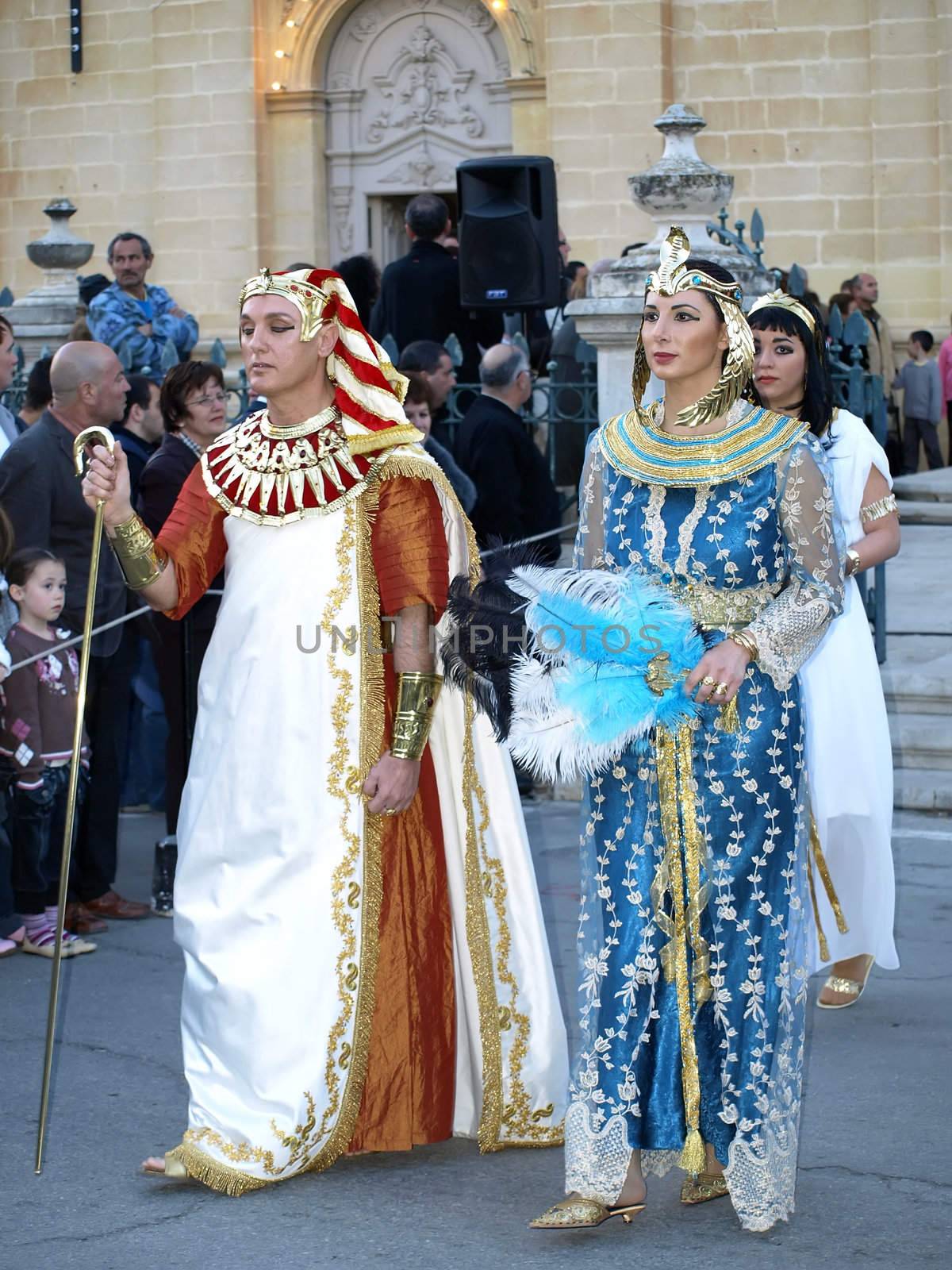 People dressed up as Egyptian rulers during reenactment of Biblical times  