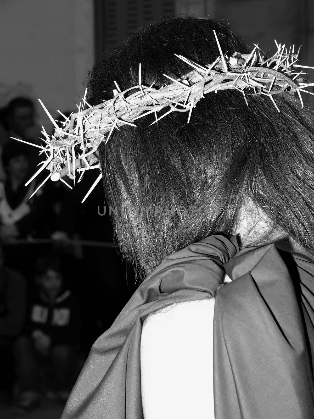 Man portraying Jesus; wearing real crown of thorns during Good Friday procession in Malta