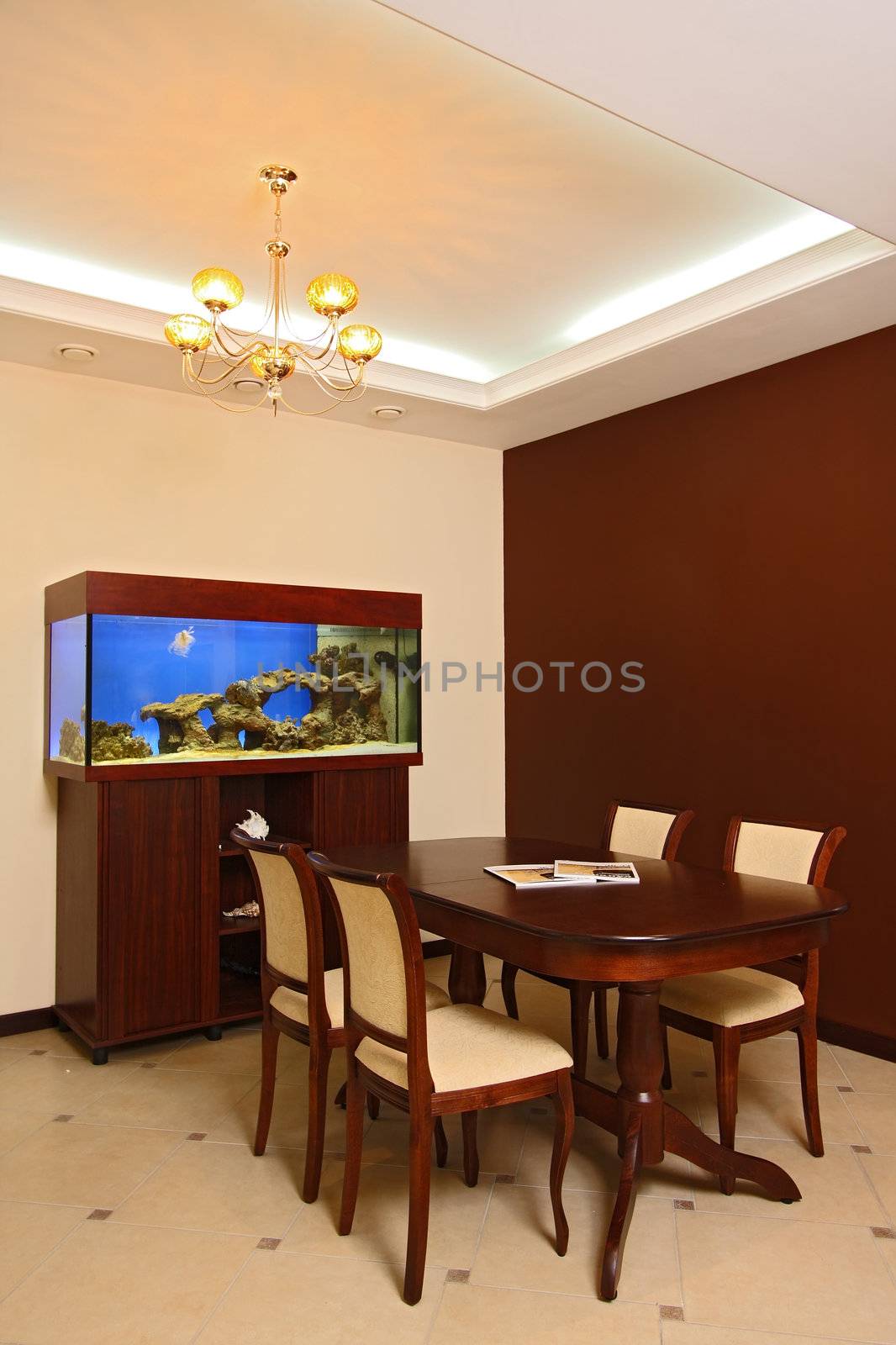 Hall with a sea aquarium, a table and a door
