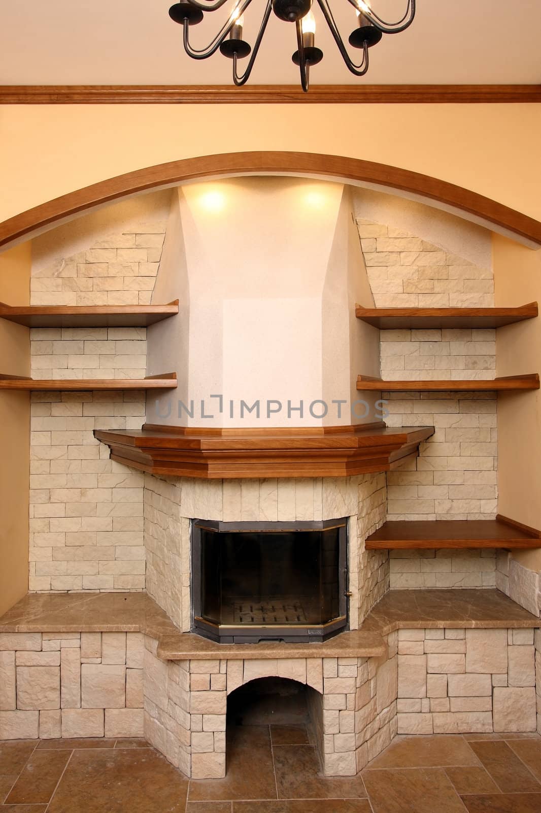 
Stone fireplace with wooden regiments