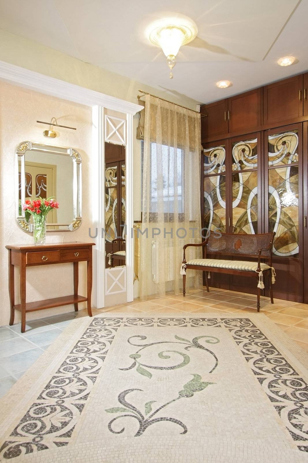 
Spacious hall with a beautiful mosaic ornament on a floor