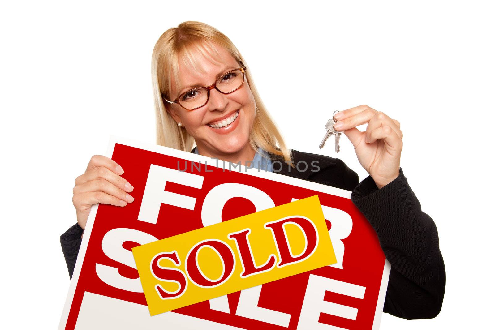 Attractive Blonde Holding Keys & Sold For Sale Sign Isolated on a White Background.