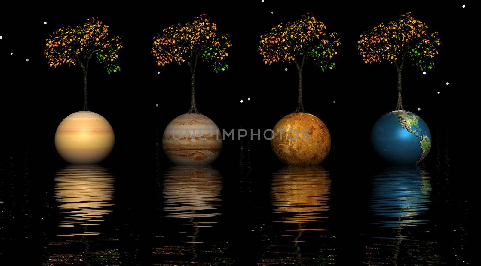 four planets and four trees and water
