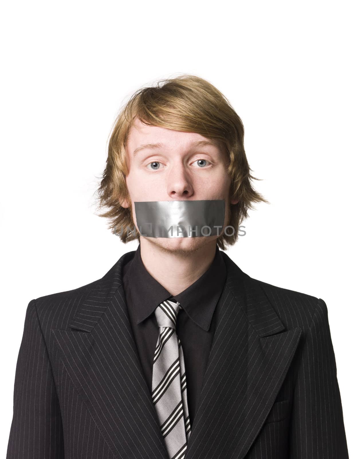 Man with tape over his mouth