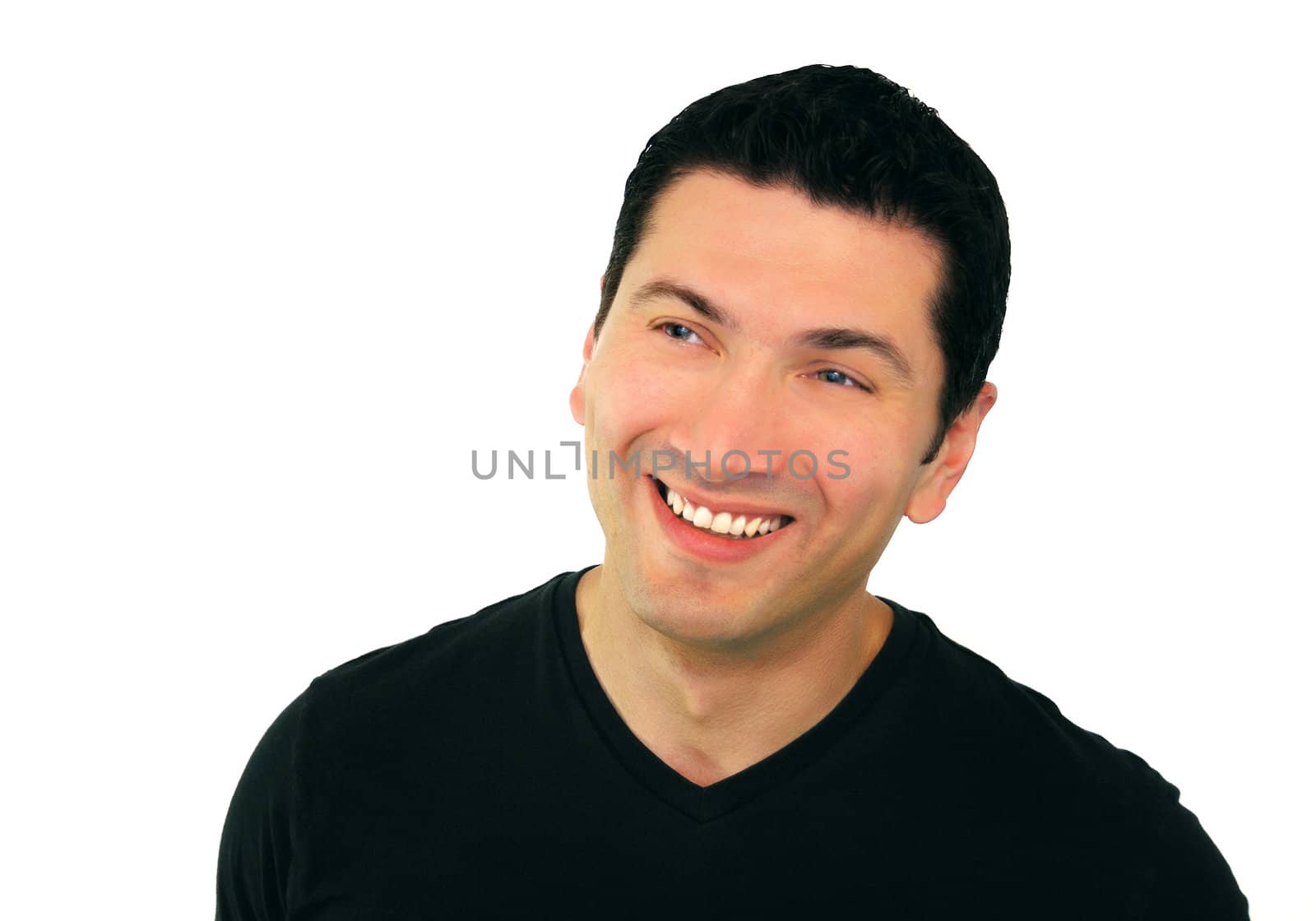 A portrait of a smiling man in his thirties wearing black t-shirt over white background.