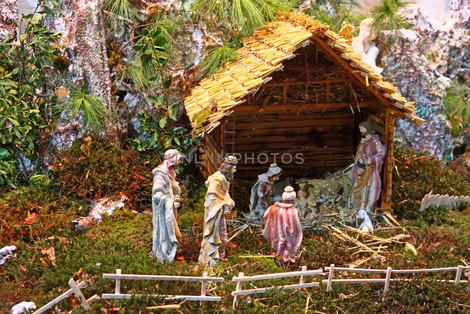 Christmas nativity scene of jesus birth in an old cottage