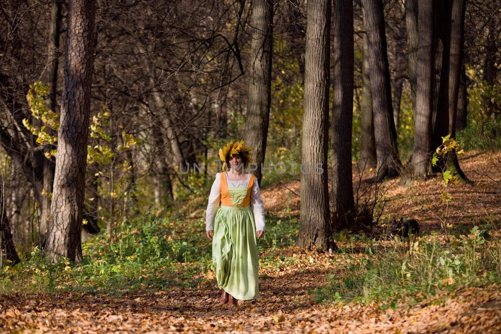 Woman in medieval dress in autumn forest
