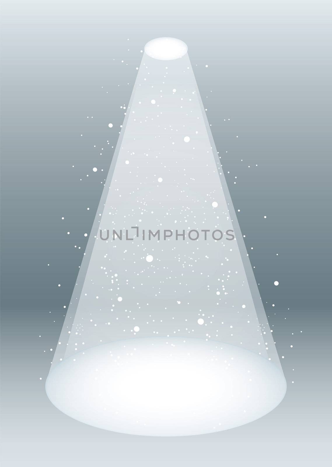 Snow falling in a white spotlight concept