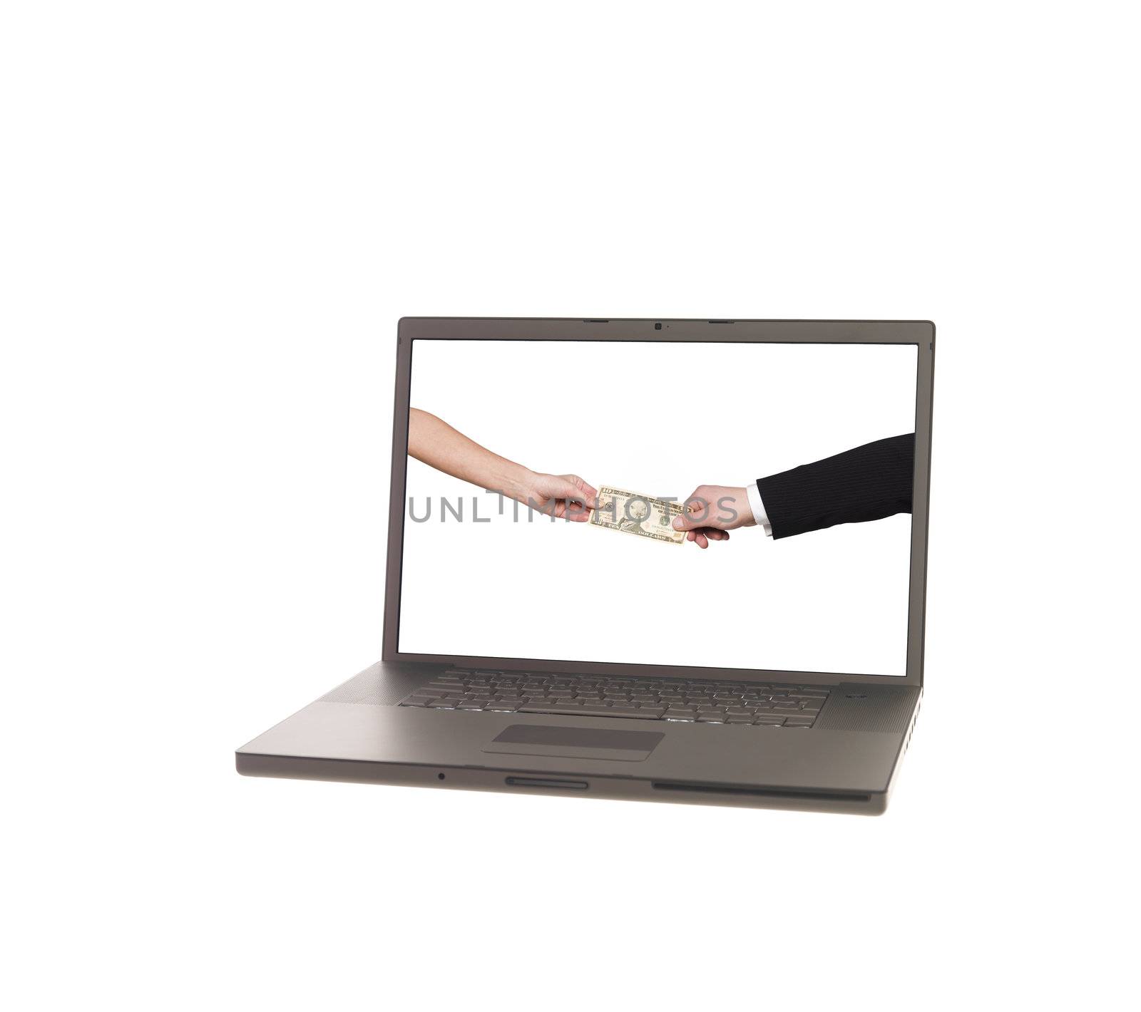 Laptop displaying two men holding handsLaptop displaying two people exchanges money by gemenacom