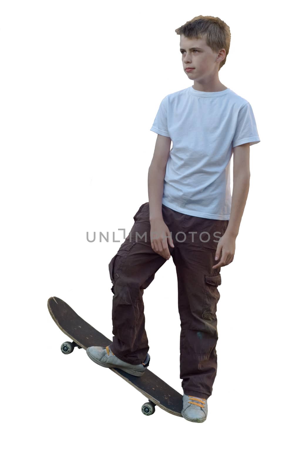 an image of a young highlitened haired skateboarder isolated on white for ease of use.