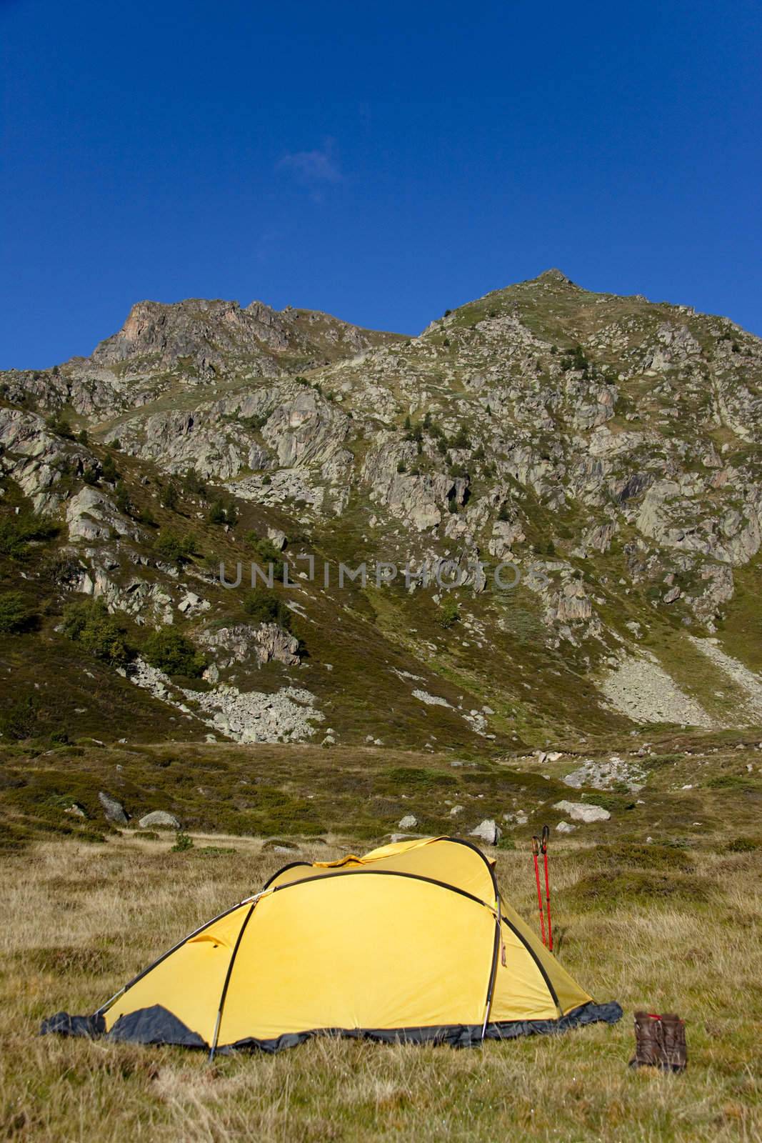 Small yellow tent in Pyrenees mountain - Andora