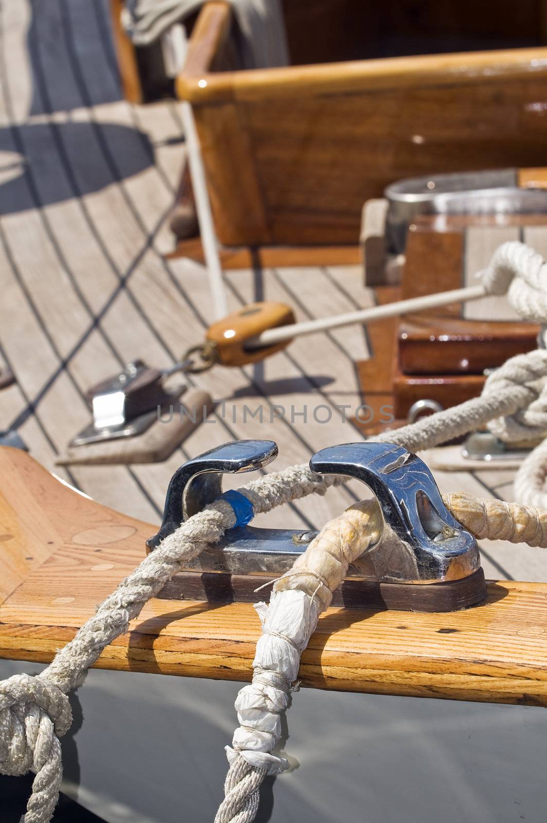 Close-up of ropes on a wooden sailboat
