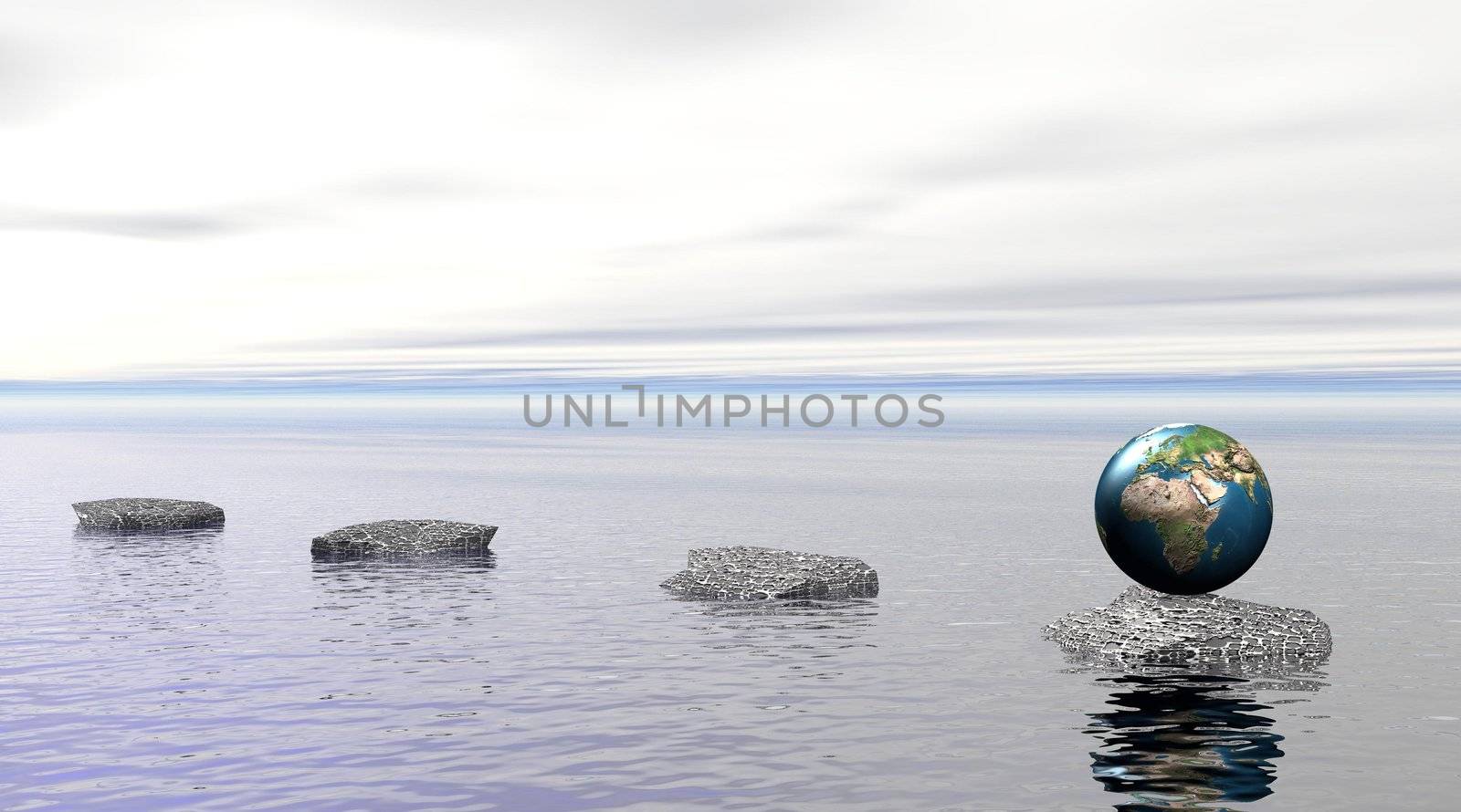 Small earth standing on a grey stone and surrounded by quiet water and little cloudy sky