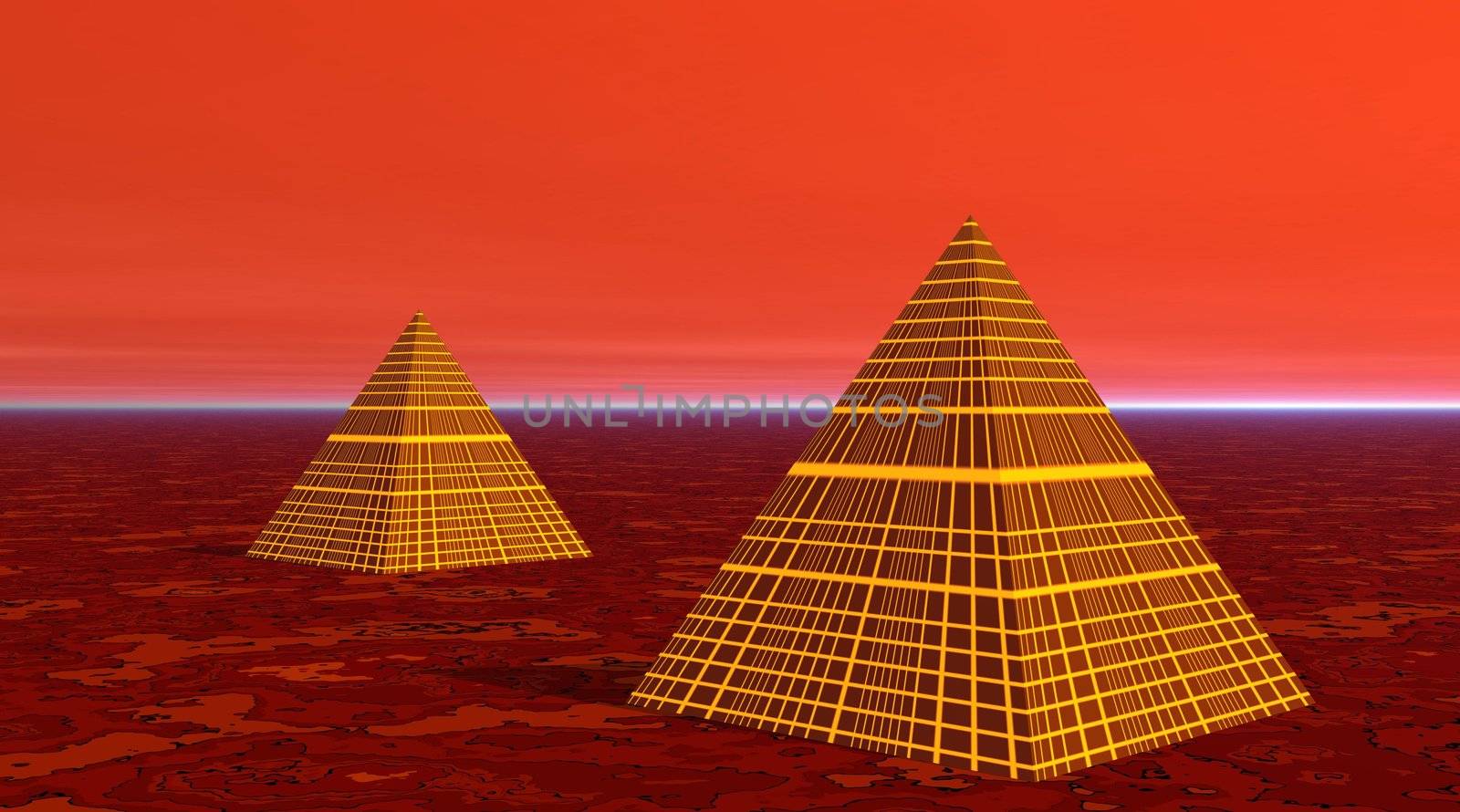 Two pyramids striated with yellow lines in red and brown desert by sunset