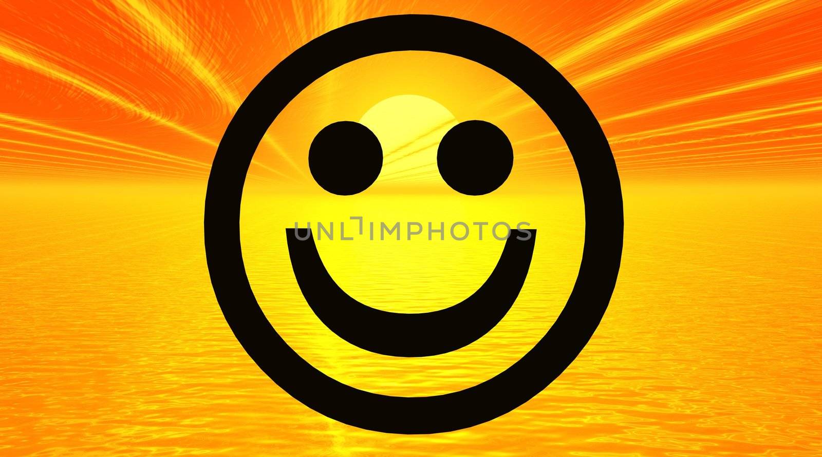 Happy smiley in black color with sunny orange and yellow sea and sky background