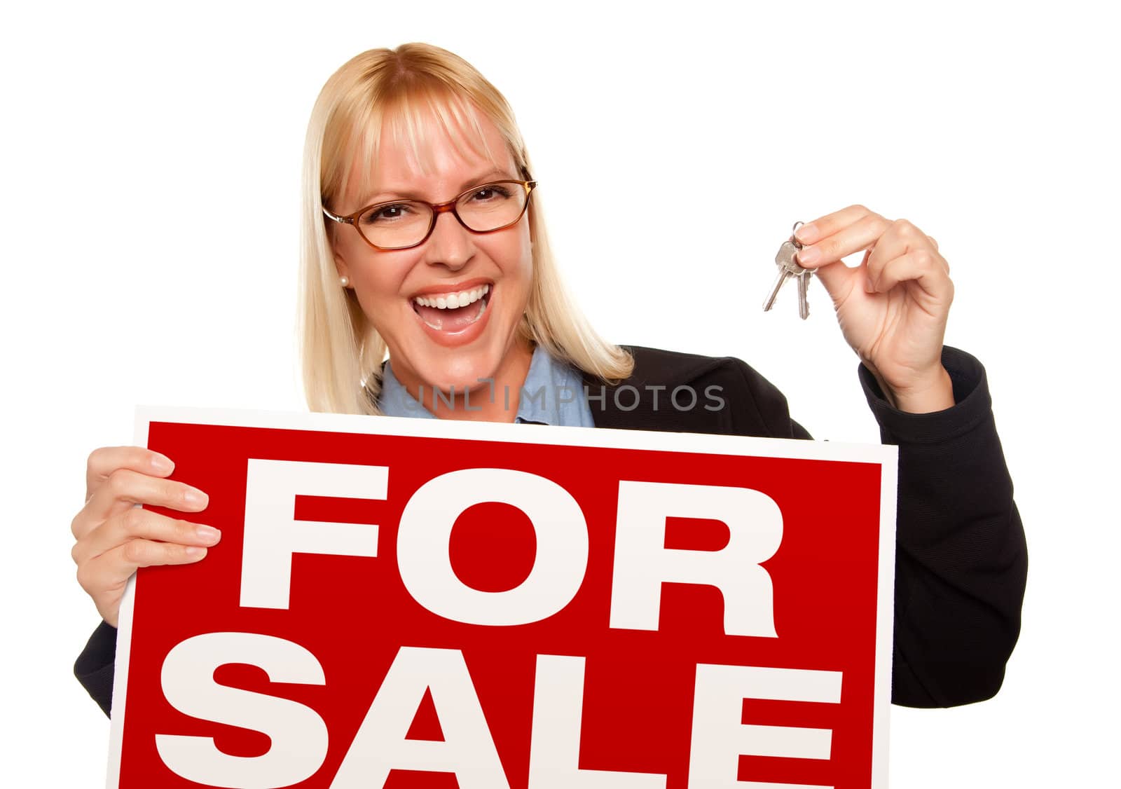 Attractive Blonde Holding Keys & For Sale Sign Isolated on a White Background.