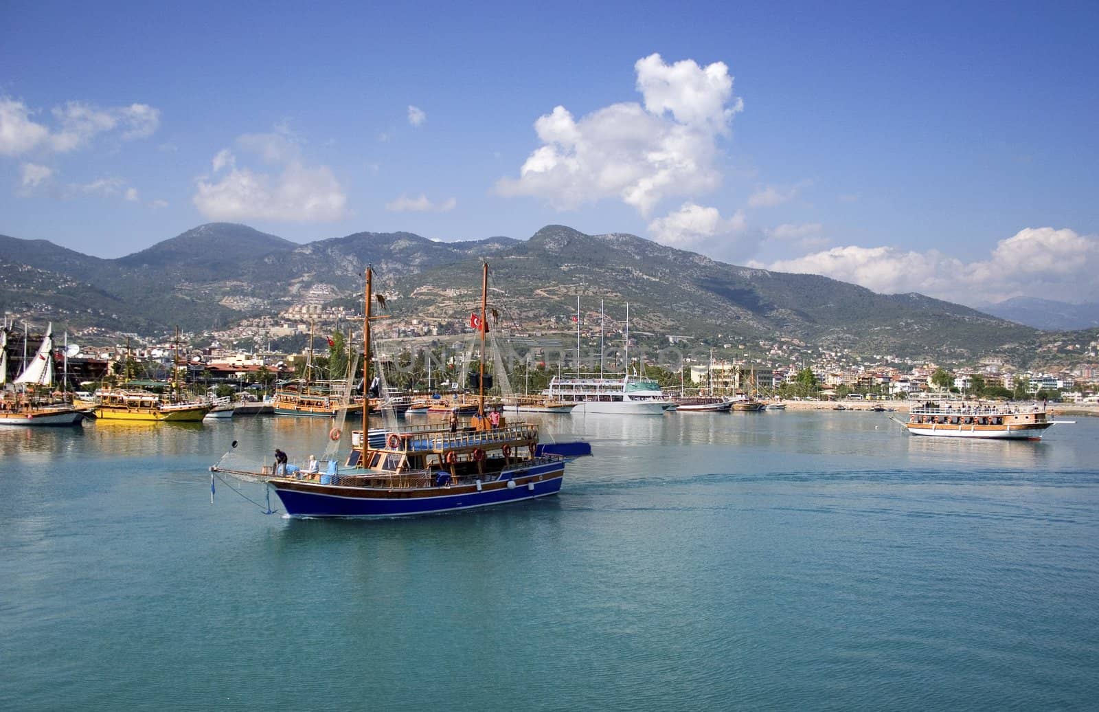 Yacht port in Turkey, sunny mediterranean harbour view.
