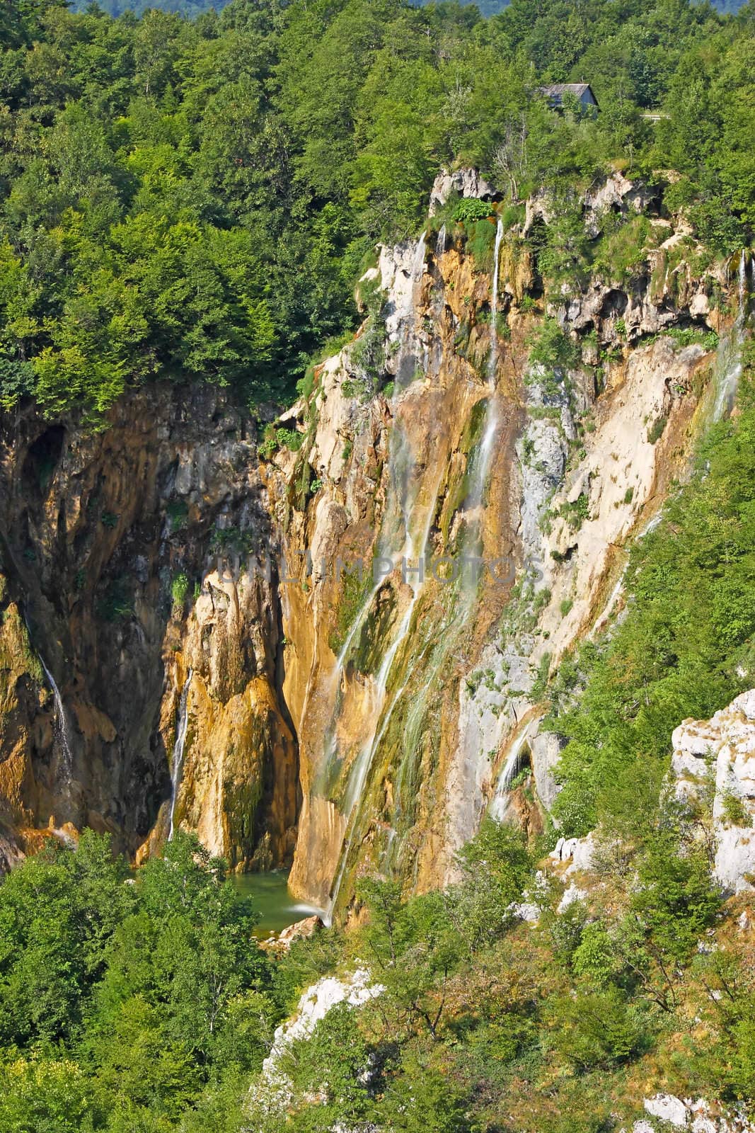 Beautiful waterfall in the scenery of Plitvice Lakes National Park in Croatia