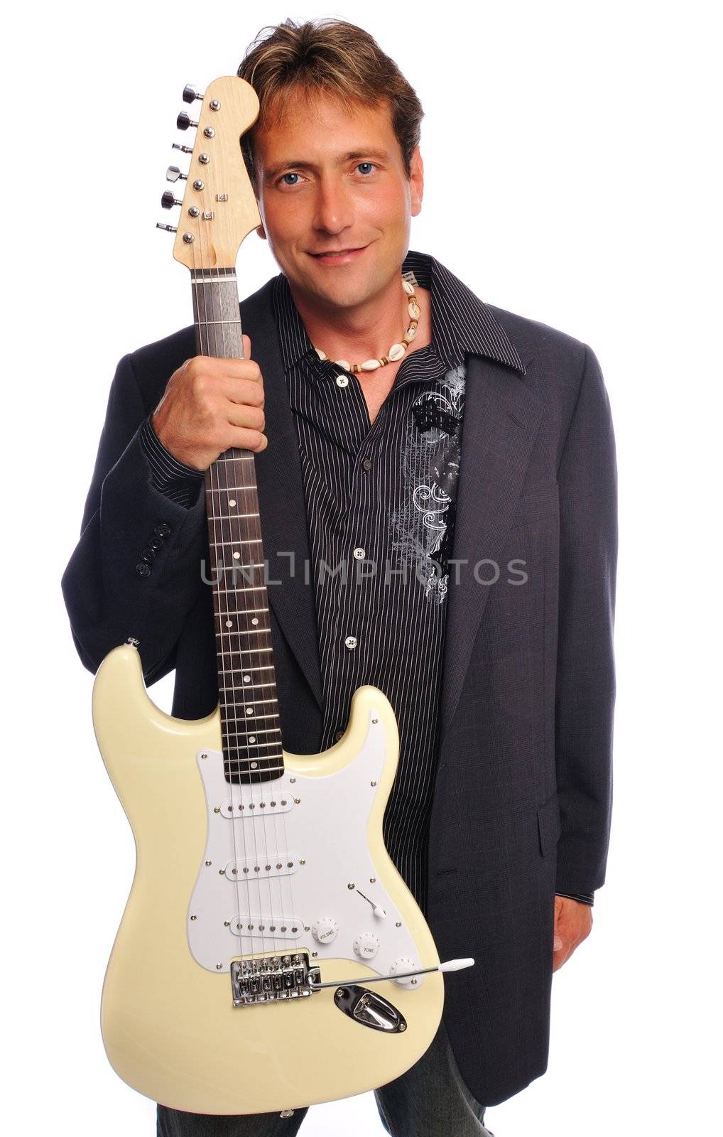 Man holding an electric guitar set on a white background