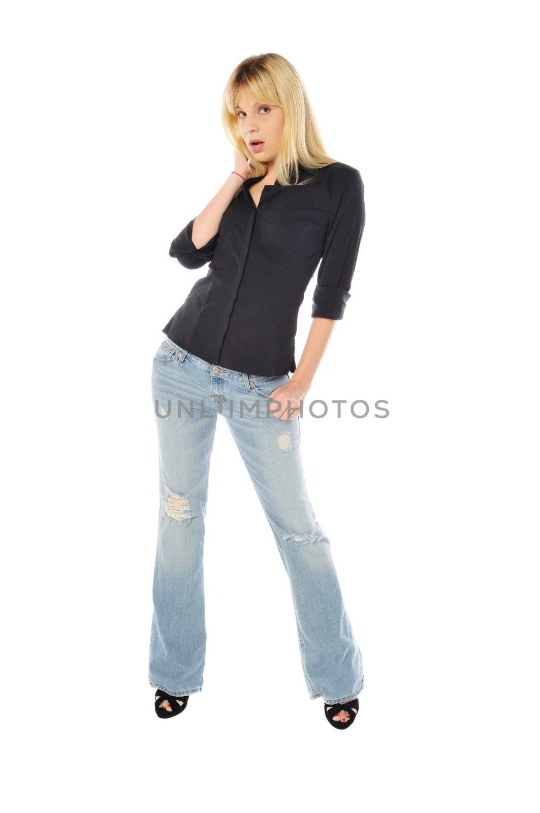 attractive tall skinny blond woman on a white background