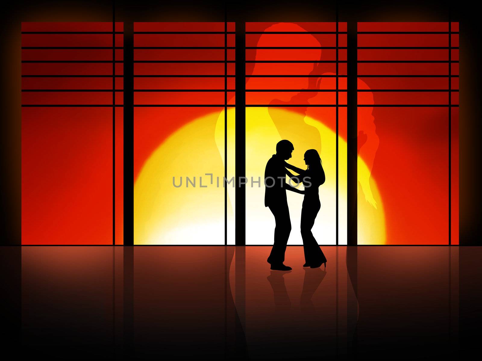 couple is dancing in front of a high window