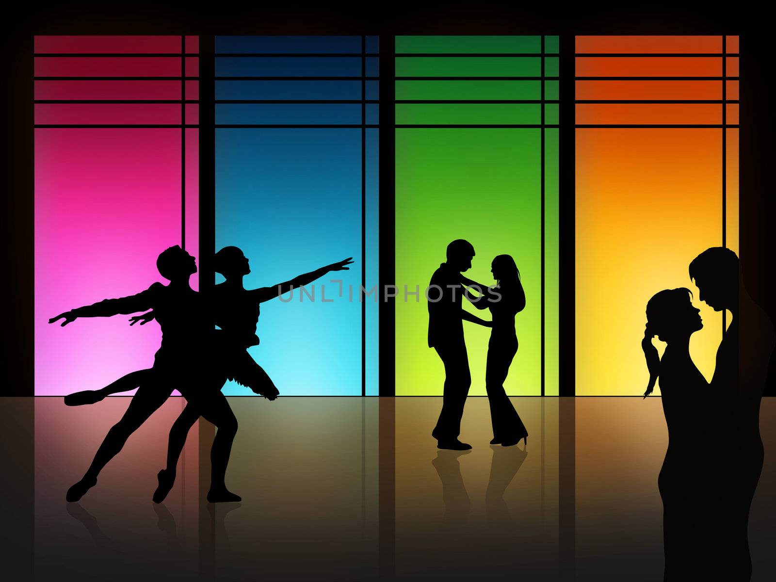 couple is dancing in front of a high window
