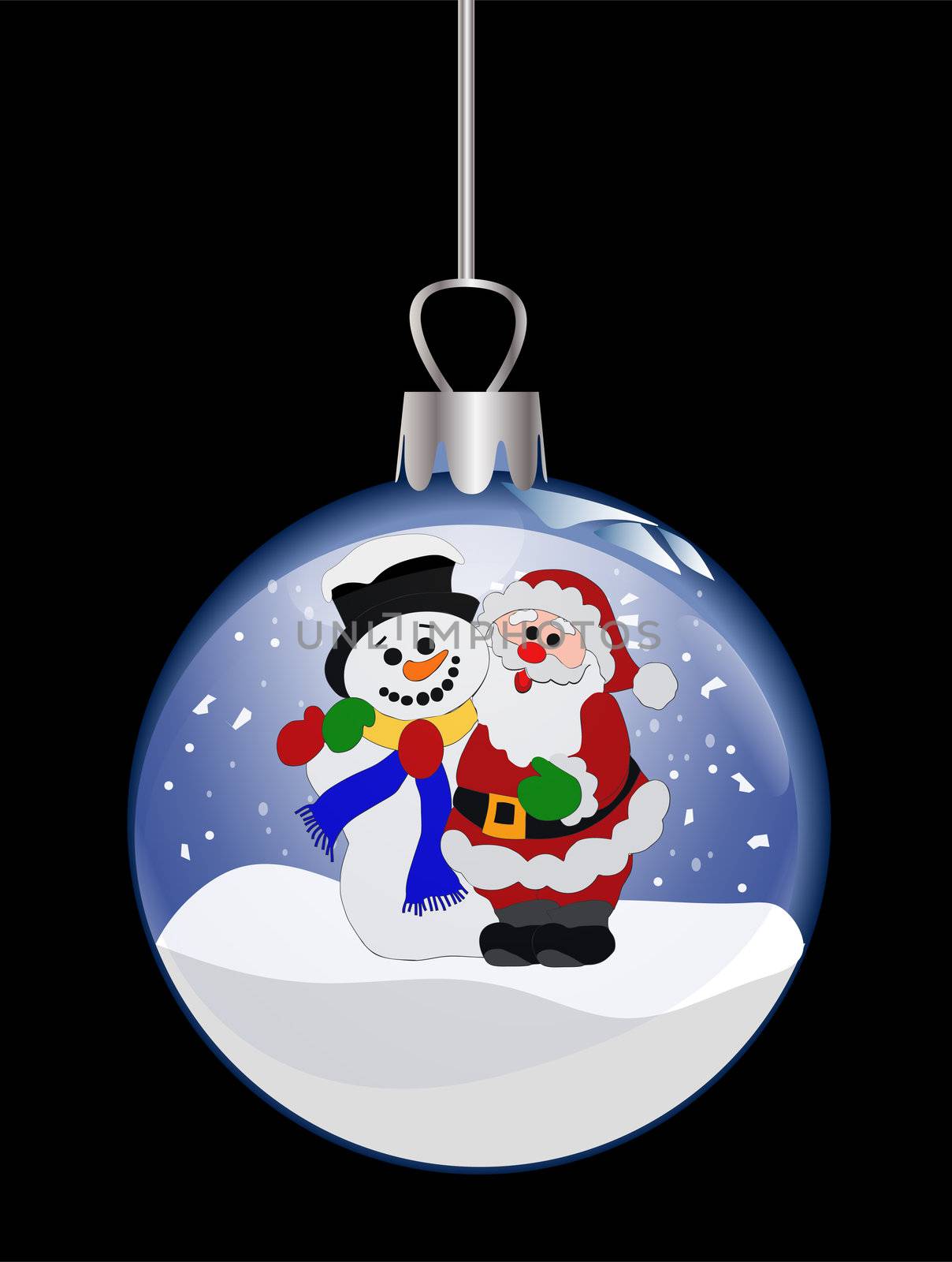 illustration of a christmas glass ball with santa claus and snowman