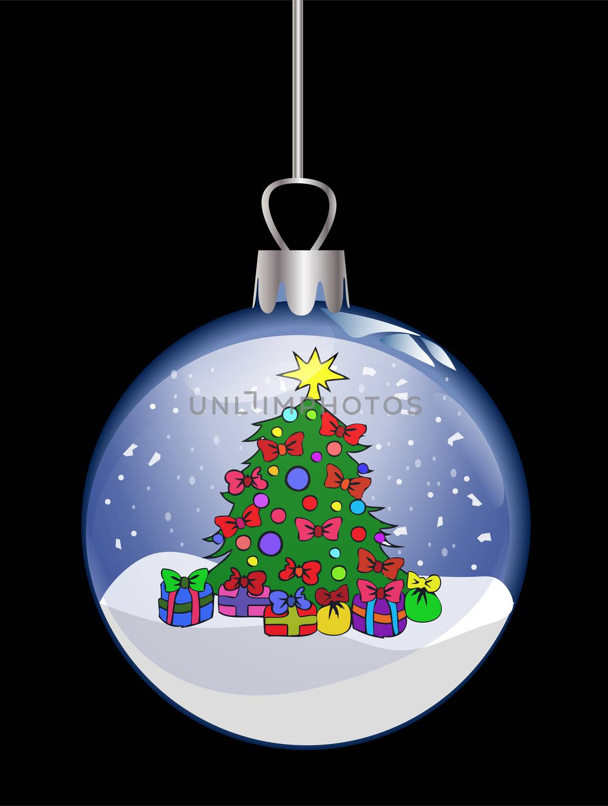 illustration of a christmas glass ball with colorful tree