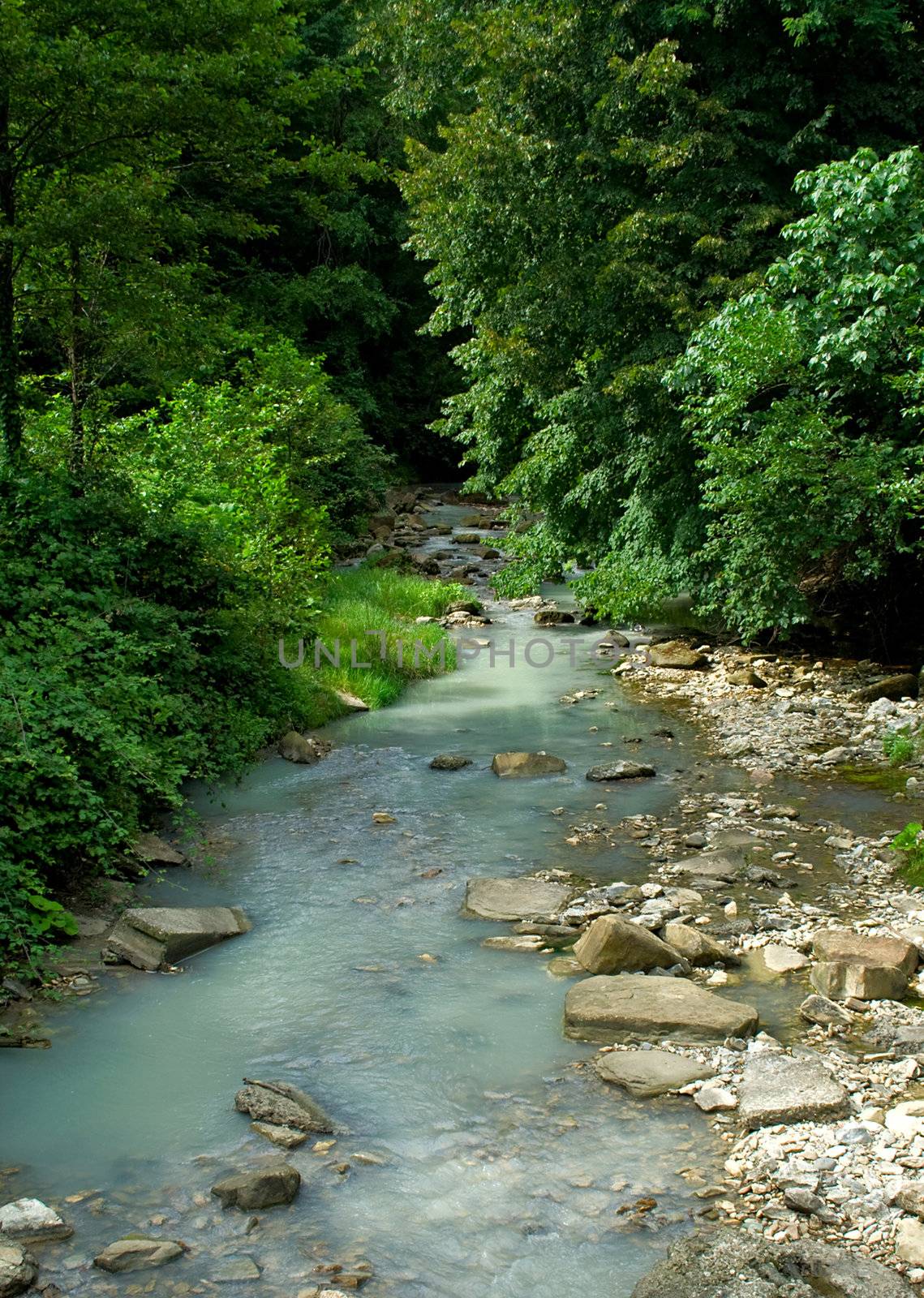 The river proceeds on a bottom of Agursky gorge, between Eagle rocks and mountain Ahon.Vicinities of the resort city of Sochi. Unusual colour of the river - result of an exit on a surface  hydrosulphuric waters
