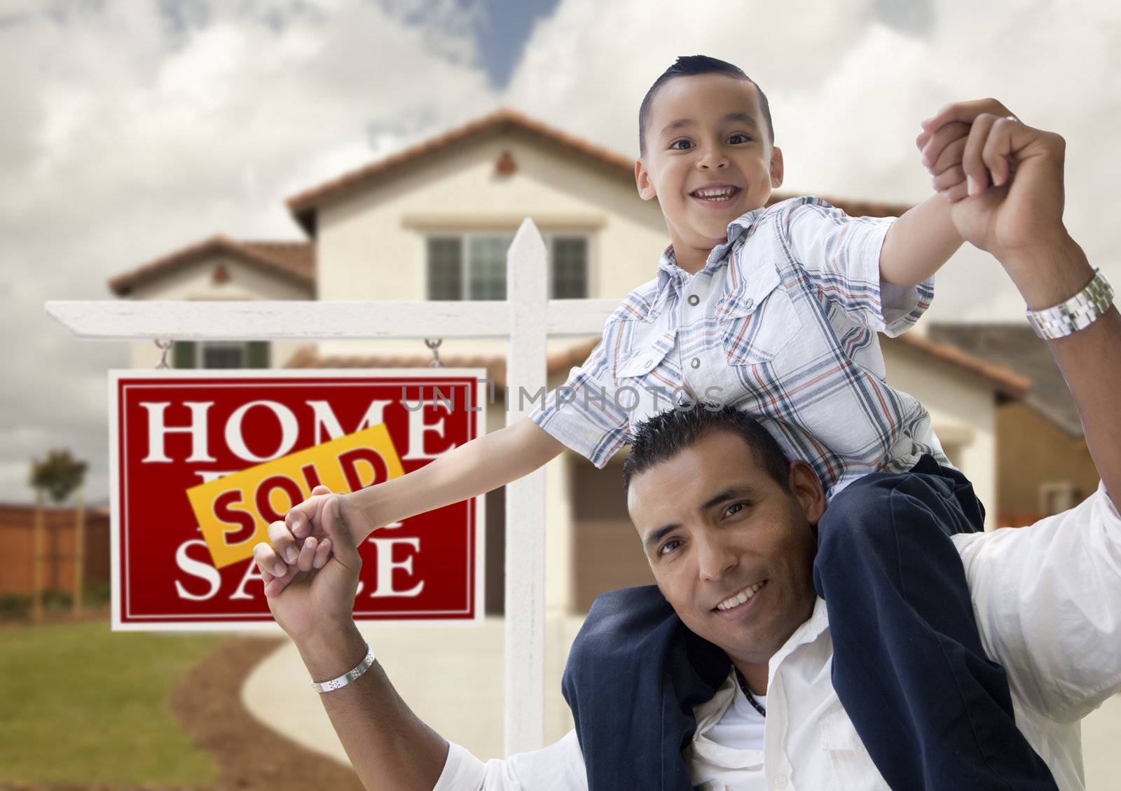 Hispanic Father and Son in Front of House, Sold Sign by Feverpitched