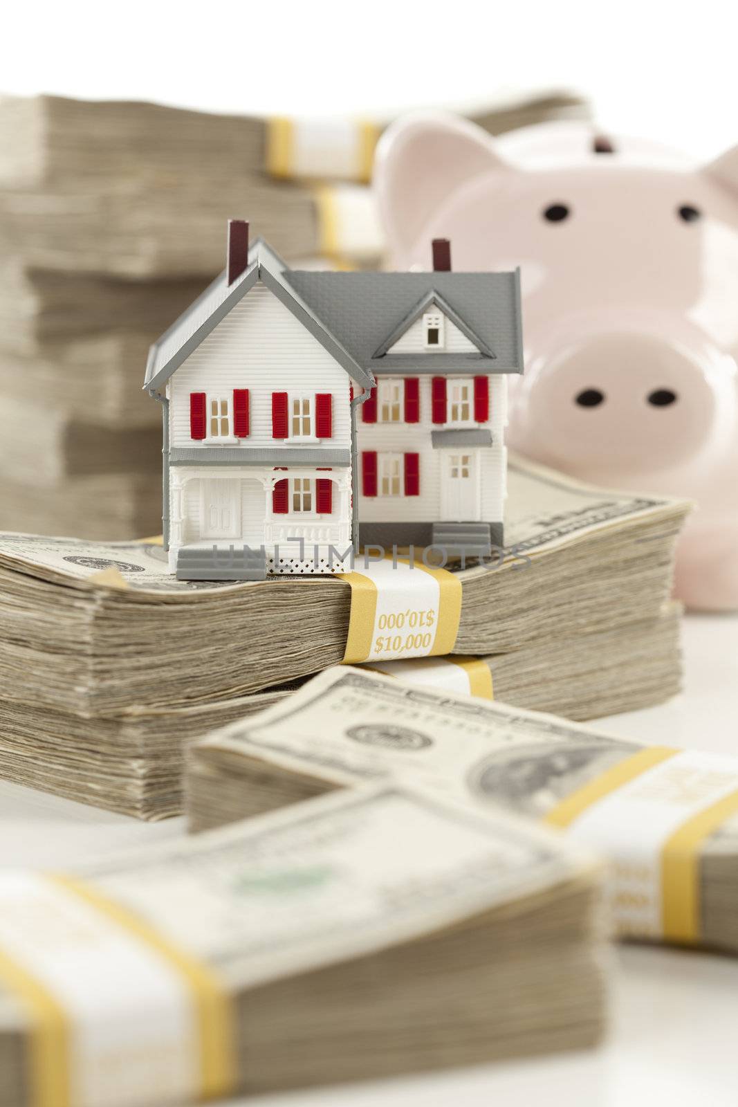 Small House and Piggy Bank with Stacks Money by Feverpitched