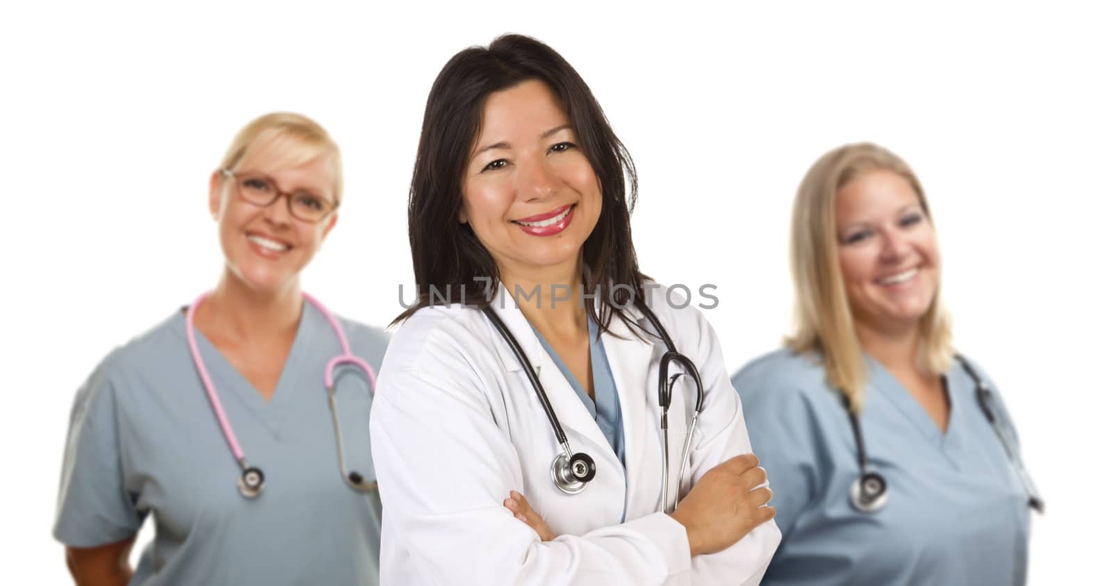 Friendly Hispanic Female Doctor and Colleagues Behind Isolated on a White Background.