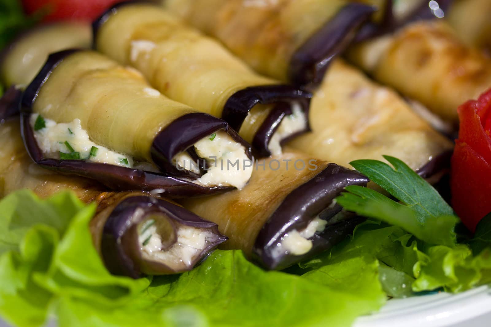 close-up stuffed eggplant with cheese and garlic