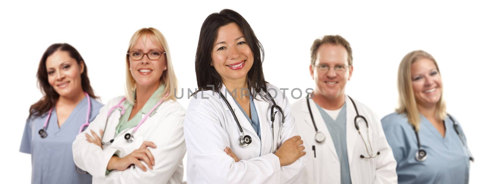Friendly Hispanic Female Doctor and Colleagues Isolated on a White Background.
