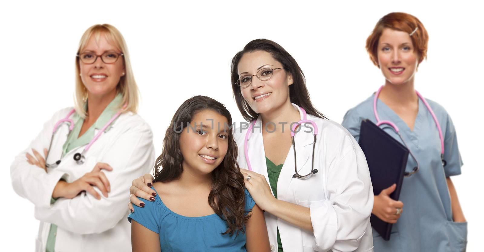 Pretty Hispanic Female Doctor with Child Patient and Colleagues Behind Isolated on a White Background.
