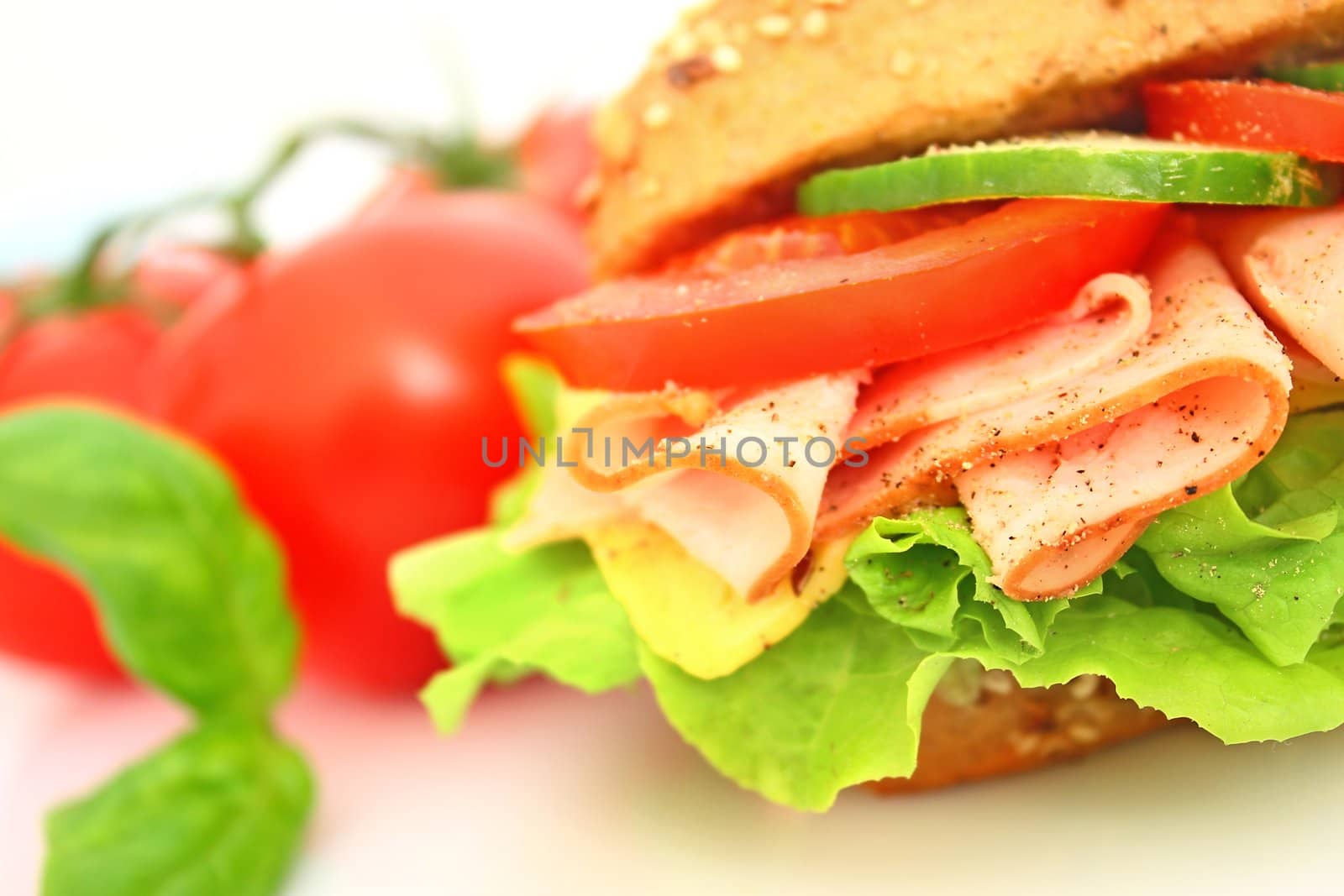 Fresh sandwich with ham and cheese and vegetables by juweber