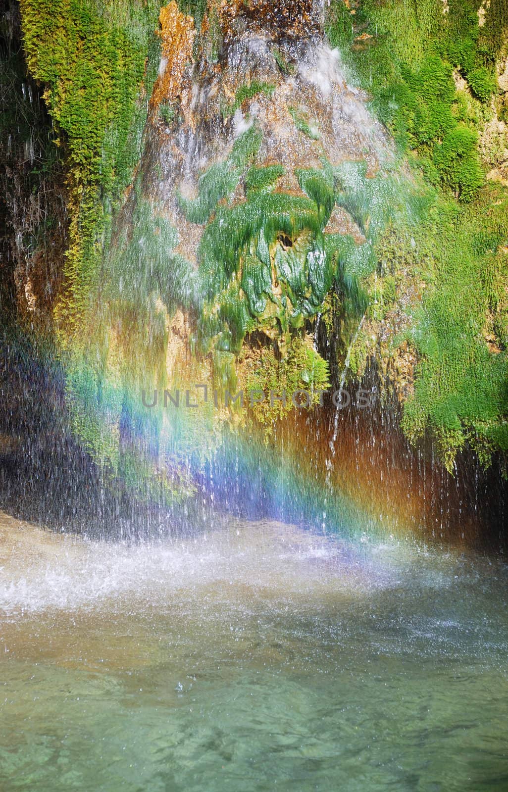 Rainbow on Lisine waterfall, tourist attraction in Serbia.