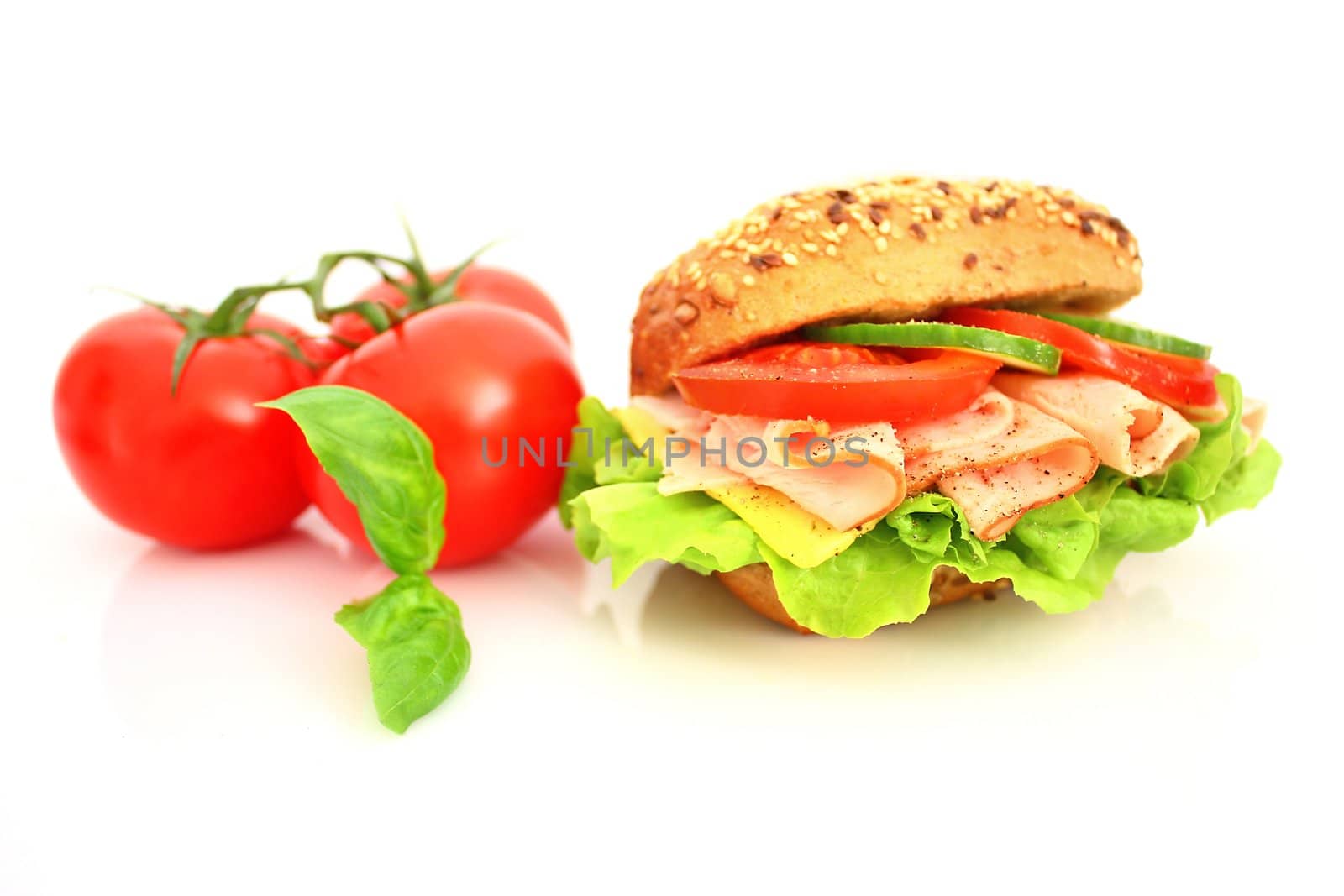 Fresh sandwich with ham and cheese and vegetables