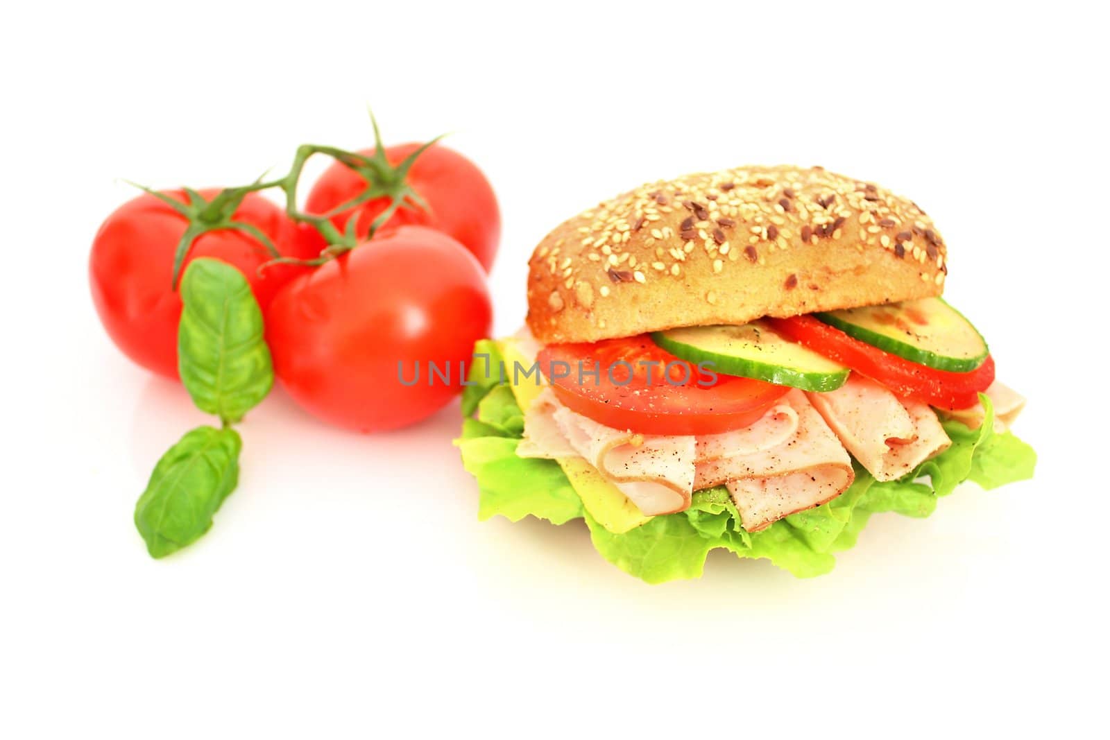 Fresh sandwich with ham and cheese and vegetables