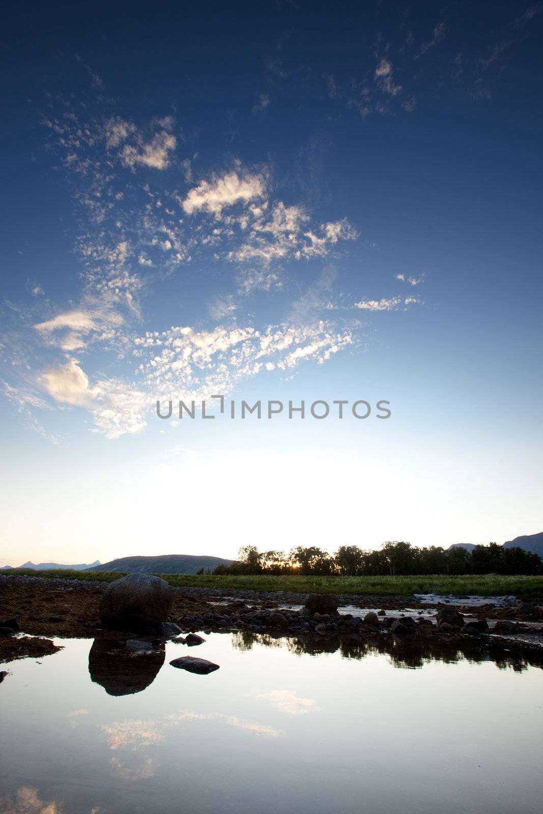 A calm pool of water reflection the landscape behind