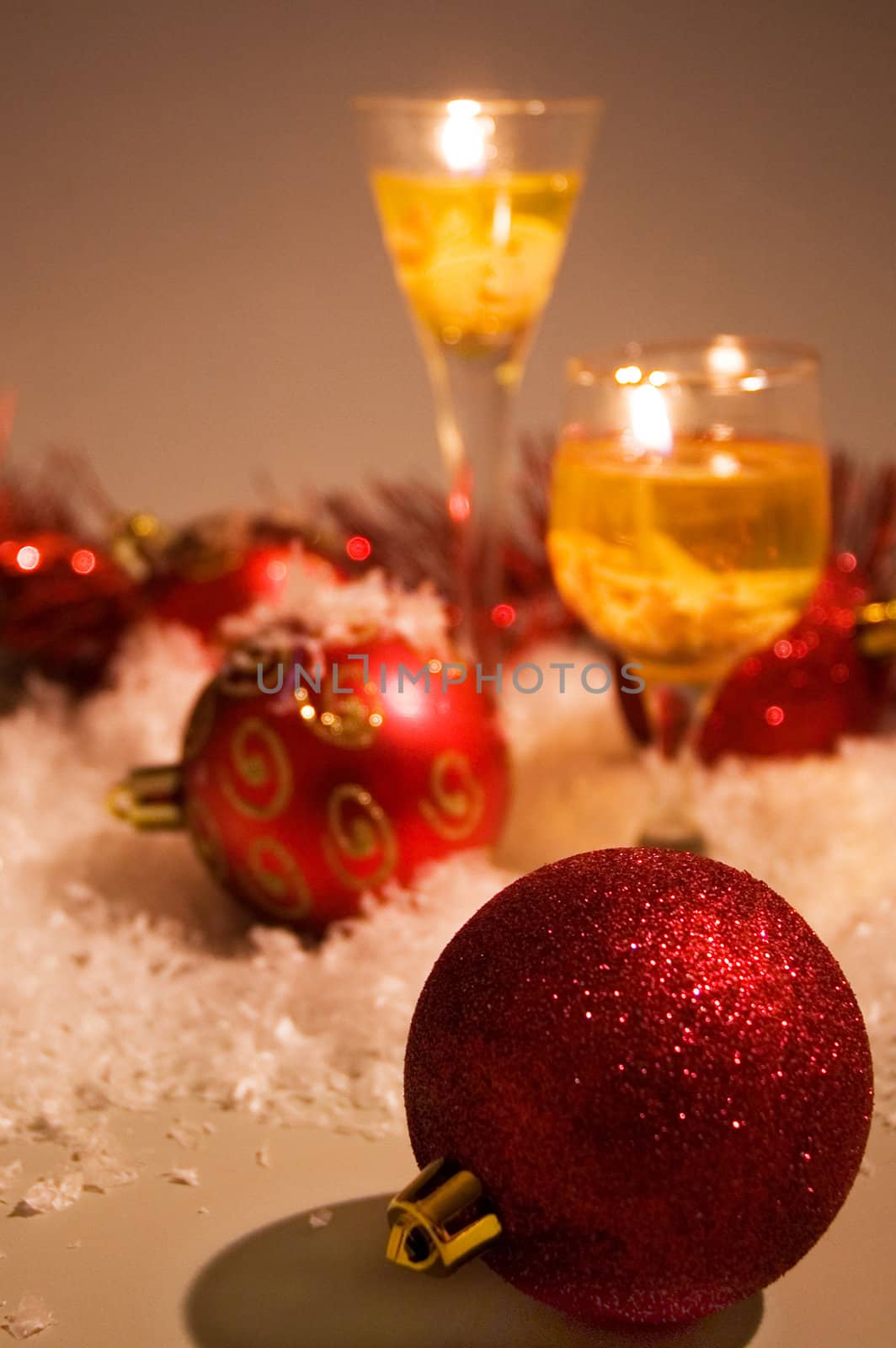 christmas scene with candles and red christmasballs