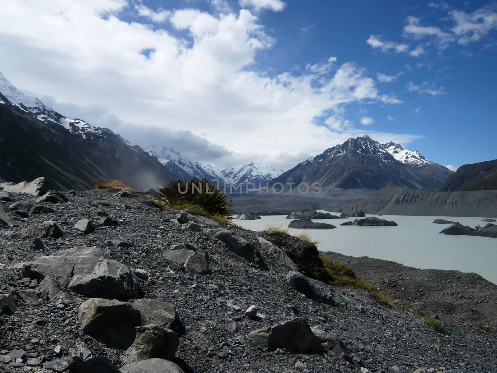 Bright day at Tasman Glacier in New Zealand