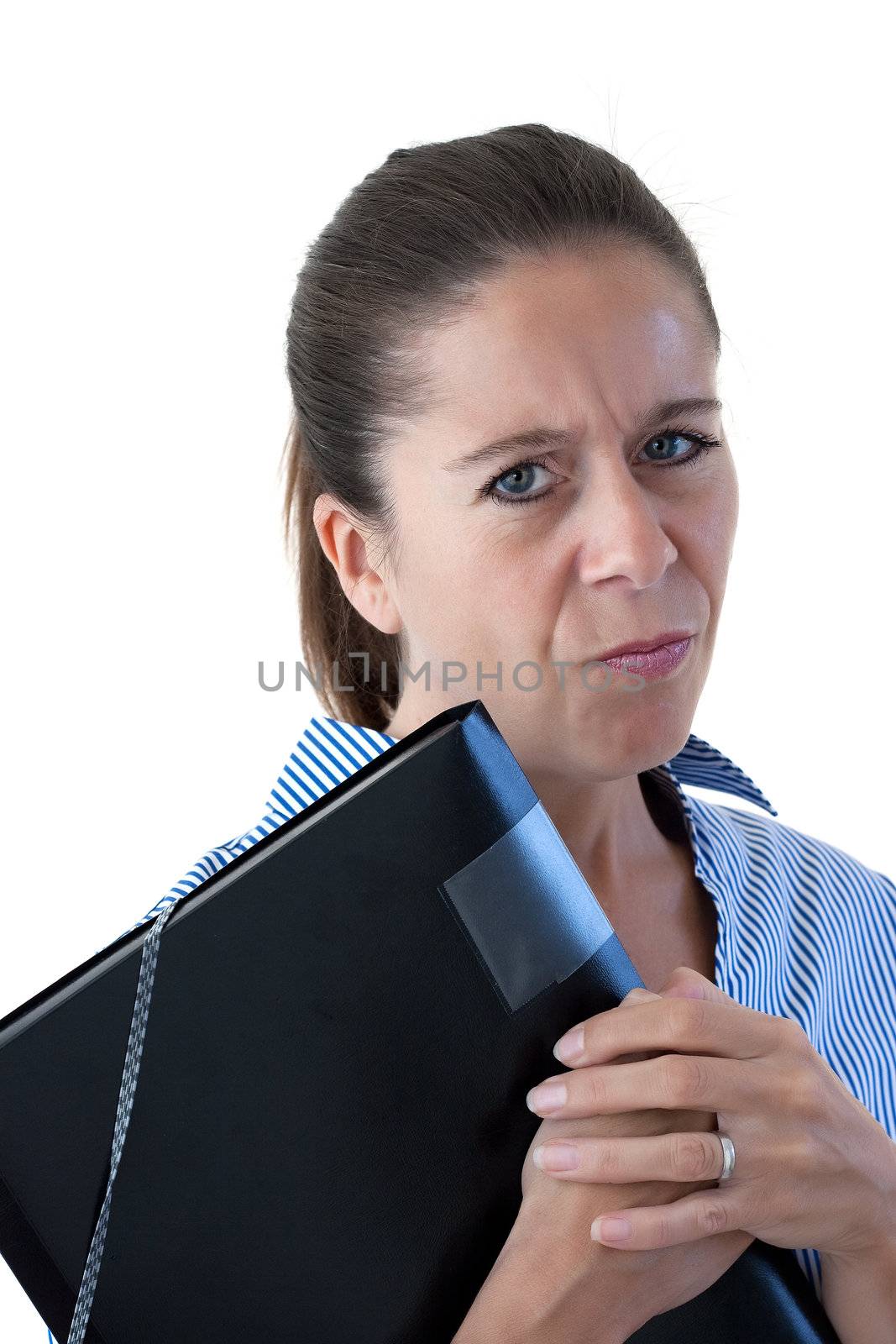 Middle aged business woman looking angry holding a black file on a white background
